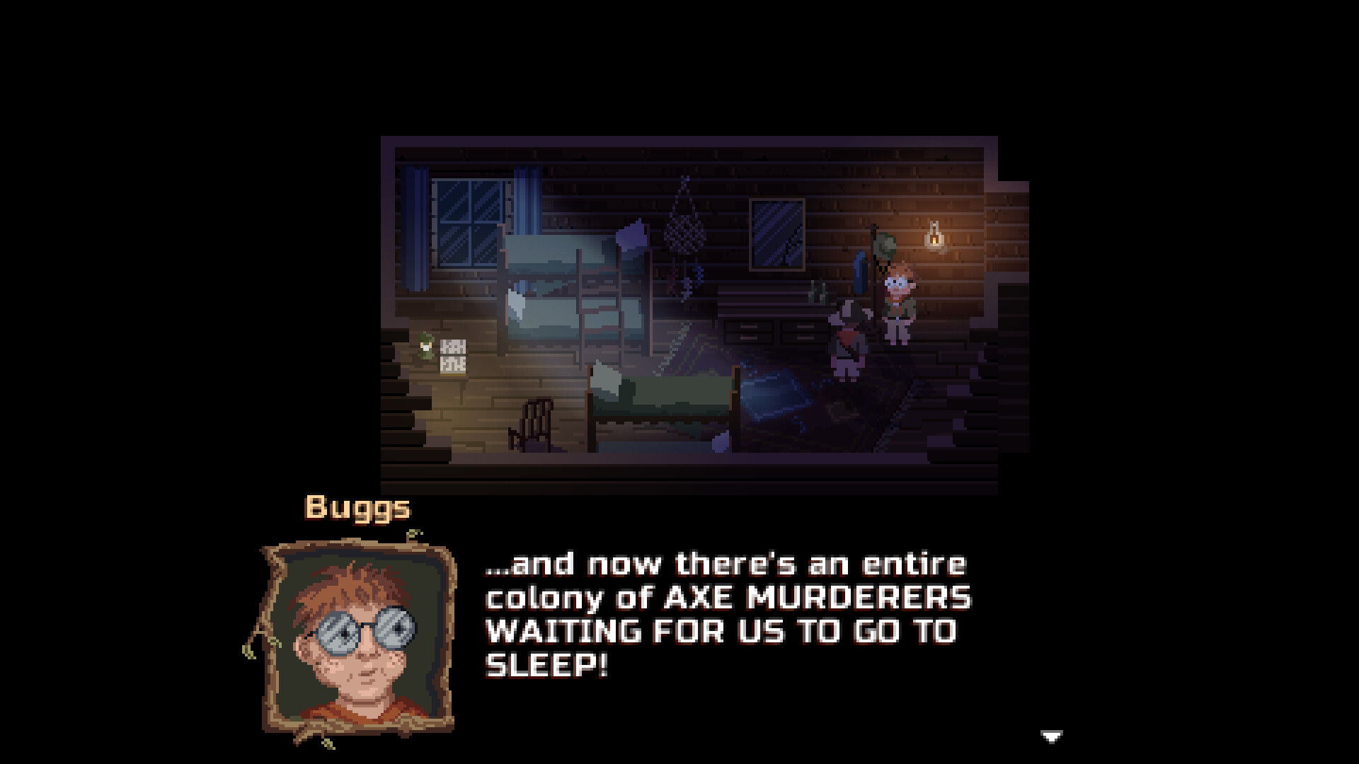 Buggs talking at the camp, official screenshot